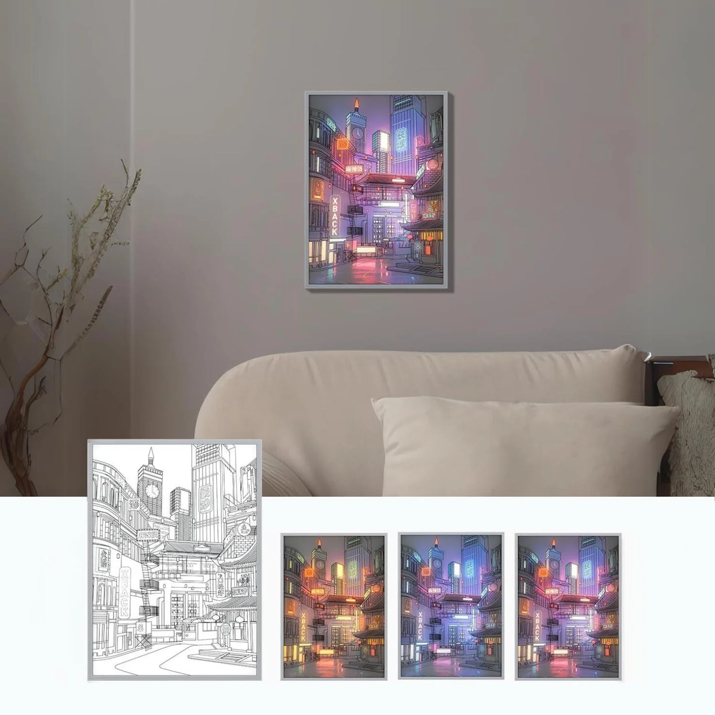 Anime LED city night view painting