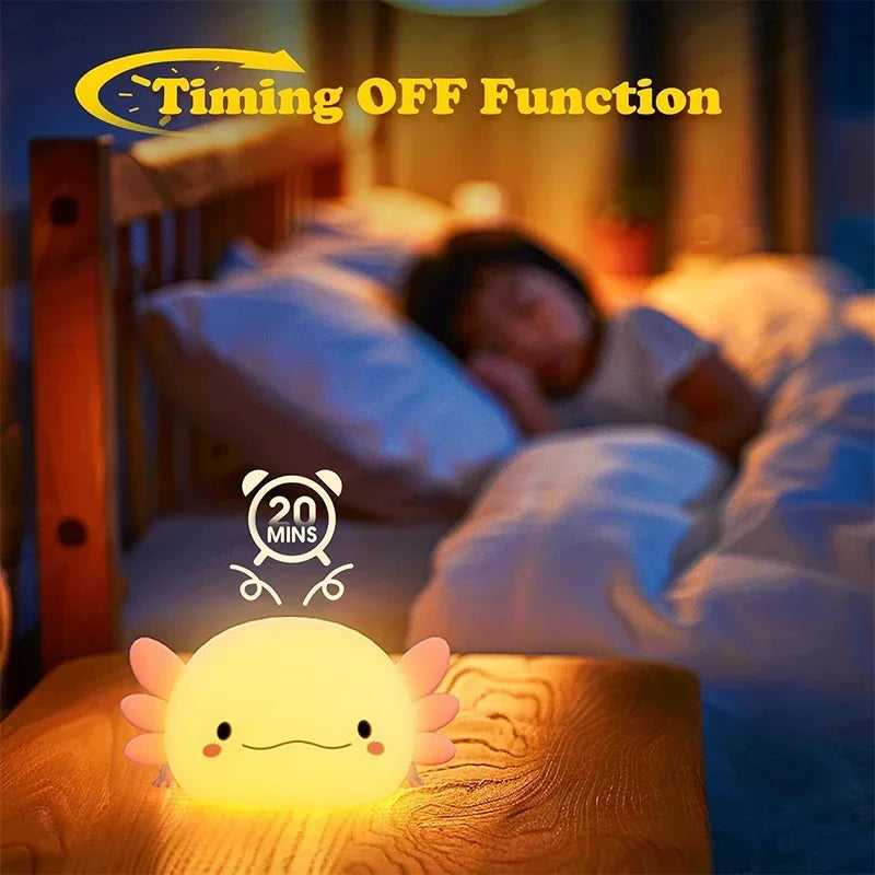 AxolotlGlow Silicone Night Light - USB Rechargeable Touch-Control Nursery Lamp for Babies & Kids