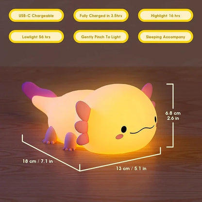 AxolotlGlow Silicone Night Light - USB Rechargeable Touch-Control Nursery Lamp for Babies & Kids