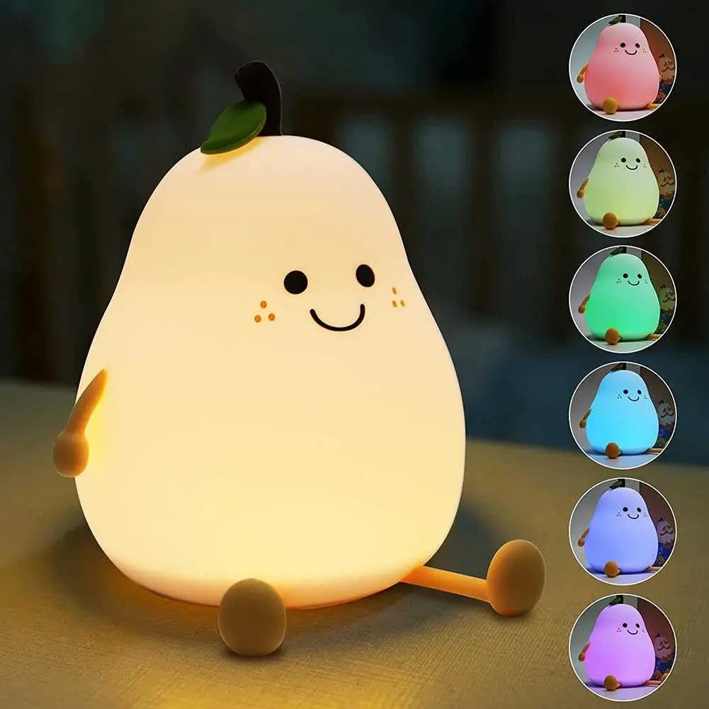 PearGlow Kids Silicone Night Light - 7-Color Dimmable USB Rechargeable Bedside Lamp